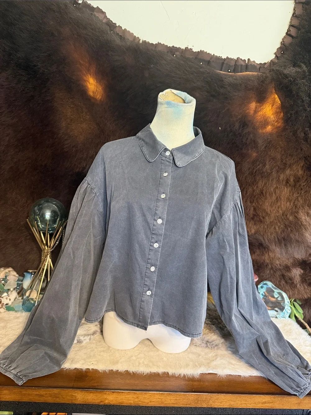 POL Soft Washed Charcoal Button-Up Shirt S (5240)